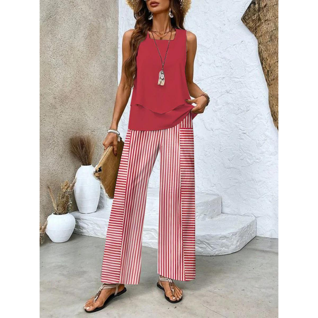 Vrouwen Co ord Set Met Gelaagde Top En Wijde Pantalon