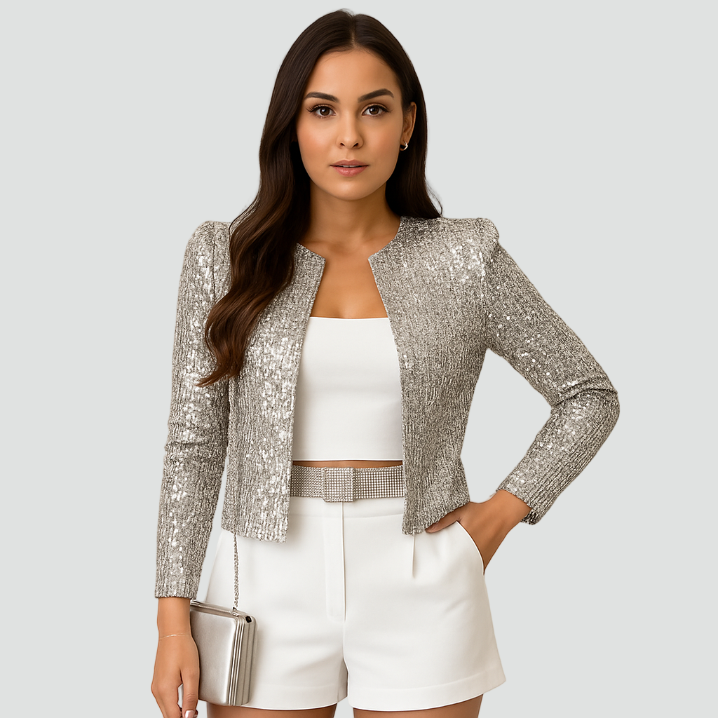 Korte Pailletten Blazer voor Dames met Open Voorzijde