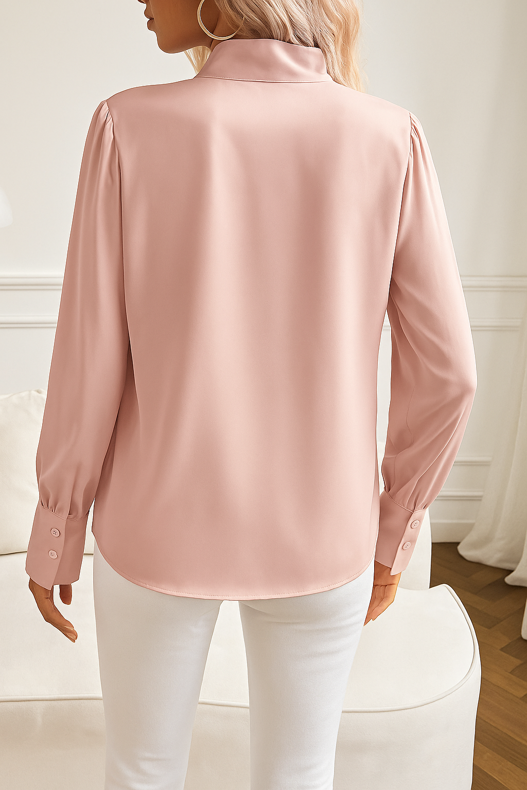 Elegante Dames Satijnen Blouse Met Strik En Lange Mouwen