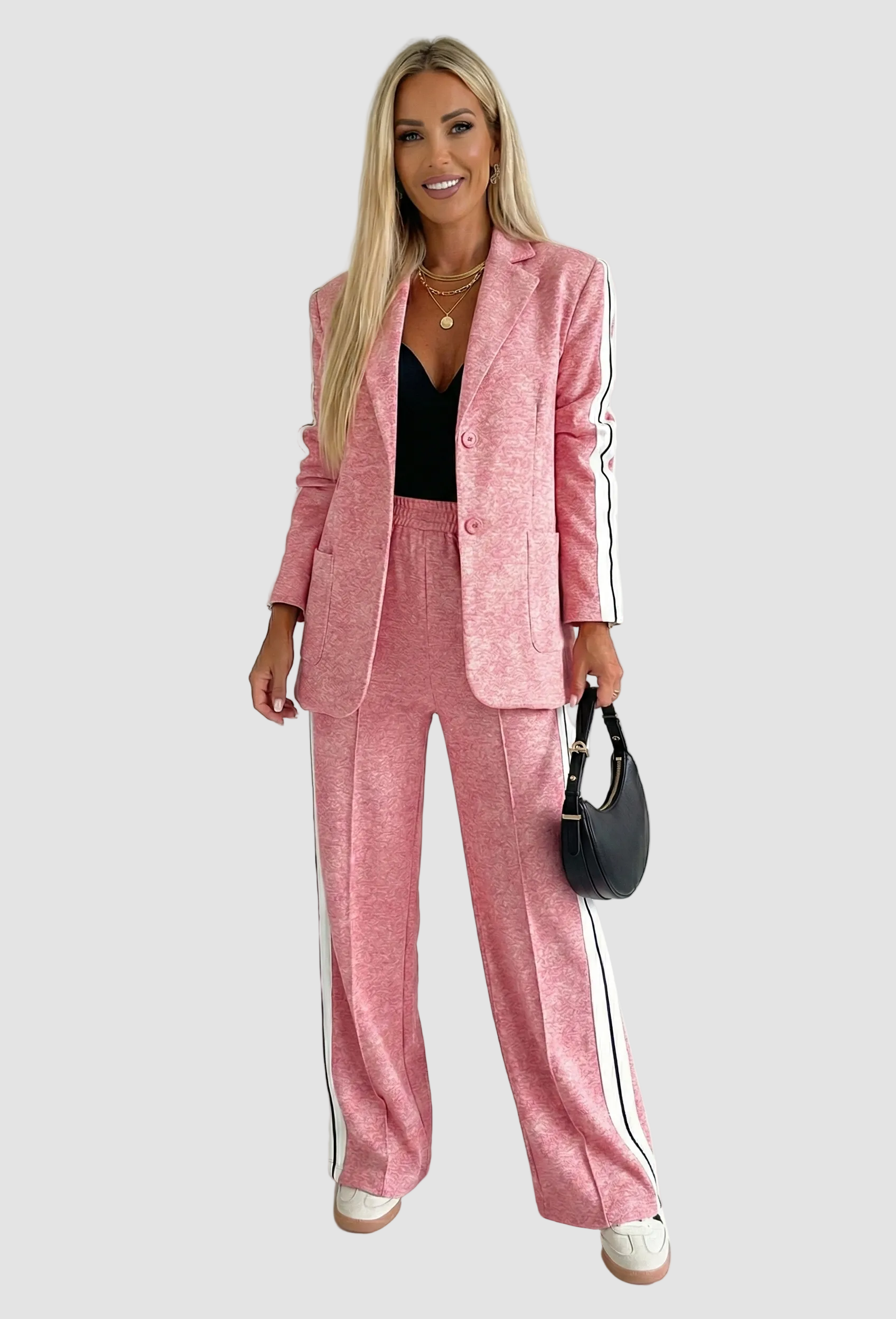 Dames Blazer Broek Set Met Streep En Wijde Broek