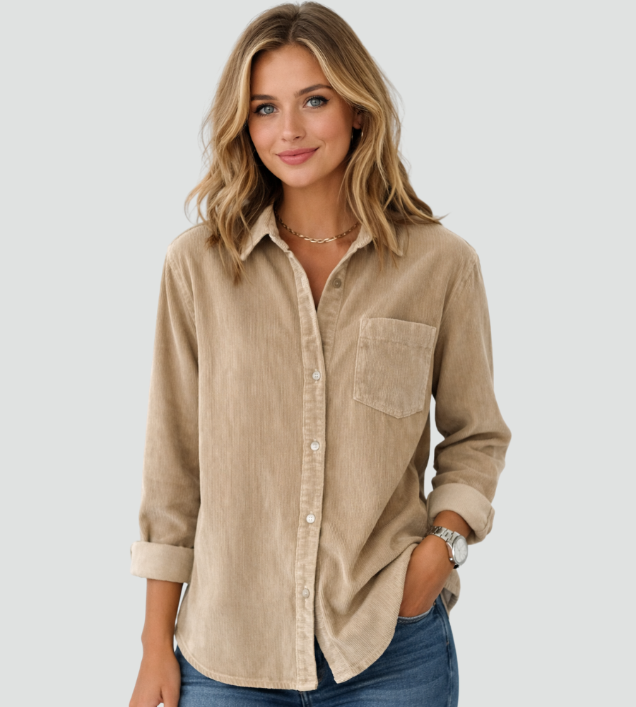 Dames Tijdloze Ribblouse Met Knoopsluiting En Borstzak