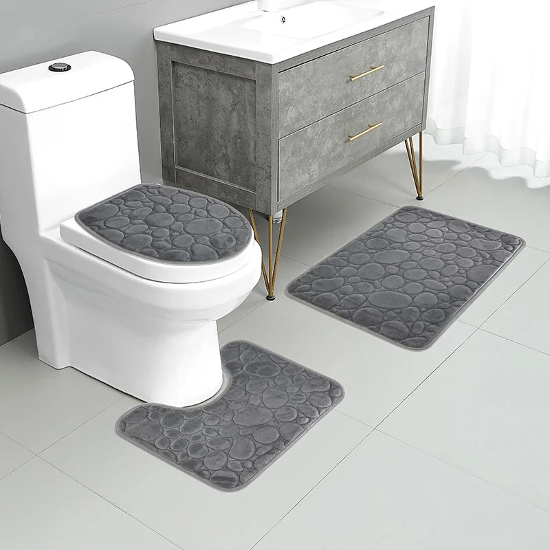 3-Delige Antislip Badkamer mattenset met Steenmotief