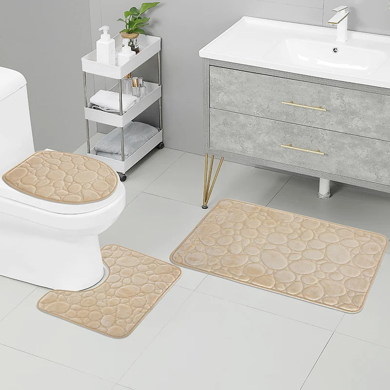 3-Delige Antislip Badkamer mattenset met Steenmotief