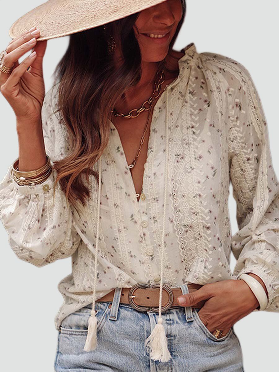 Boho Chic Blouse Met Geborduurde Kant Voor Dames Met V-Hals