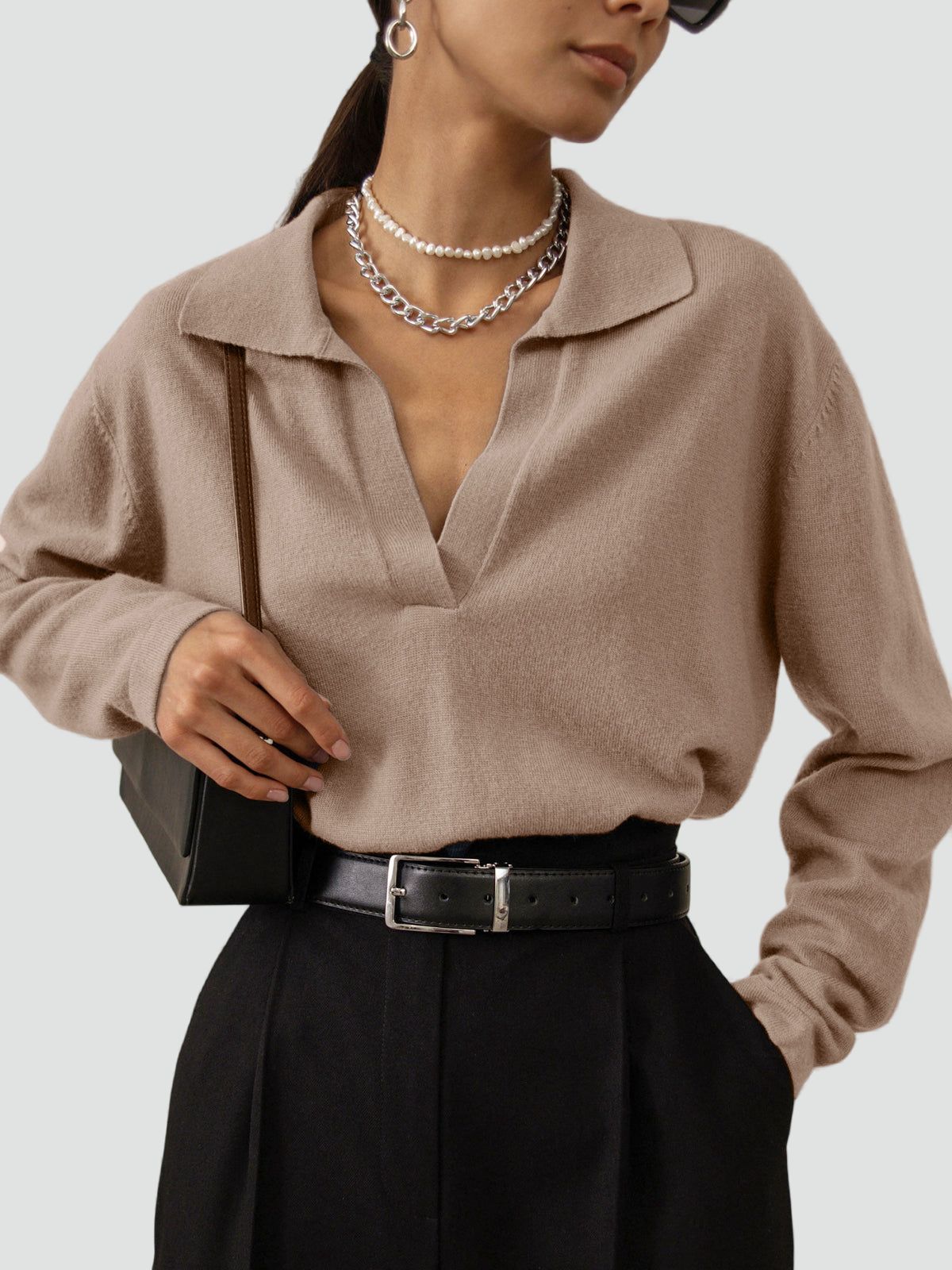 Dames Gebreide Sweater Met Collared V-neck Pasvorm