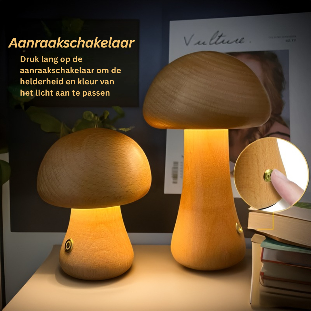 Houten Paddenstoel Nachtlamp Met Touchbediening