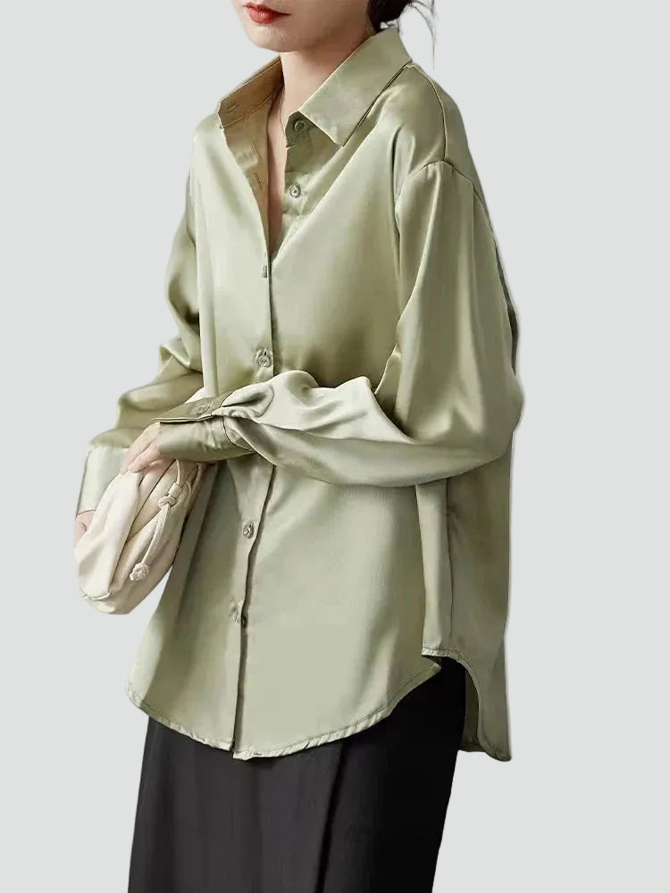 Oversized Satijnen Dames Blouse Met Knoopsluiting