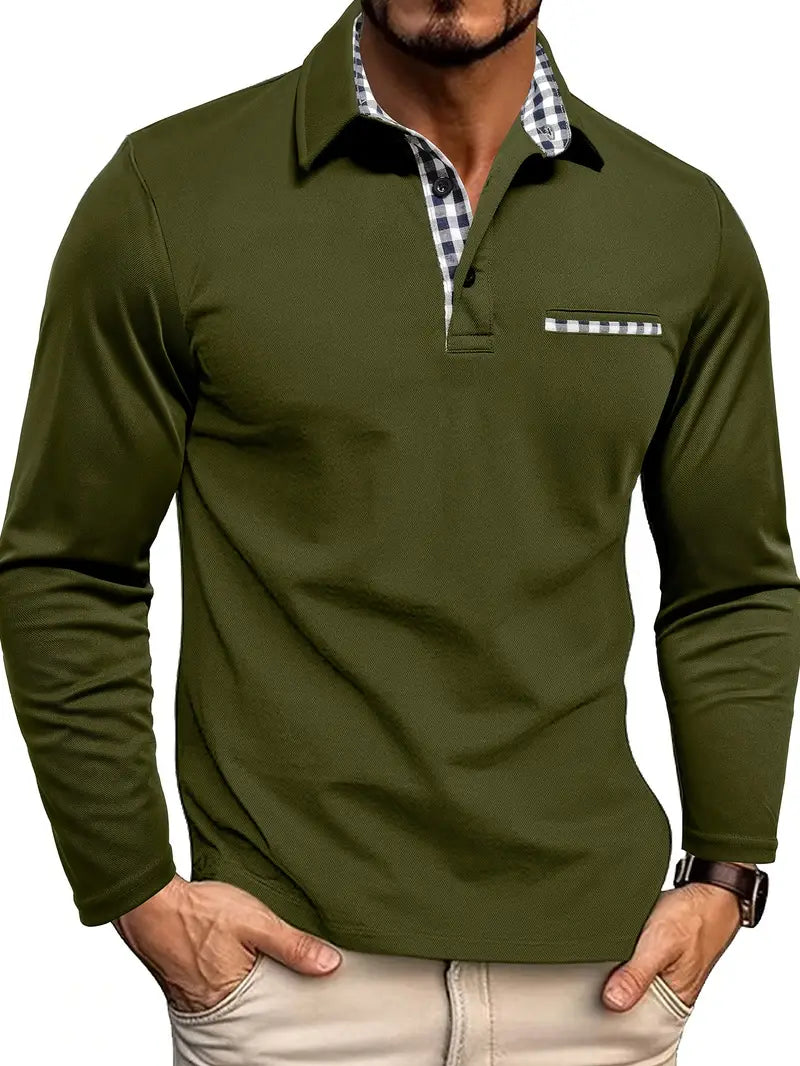 Heren Longsleeve Poloshirt Met Contrastkraag En Borstzakdetail