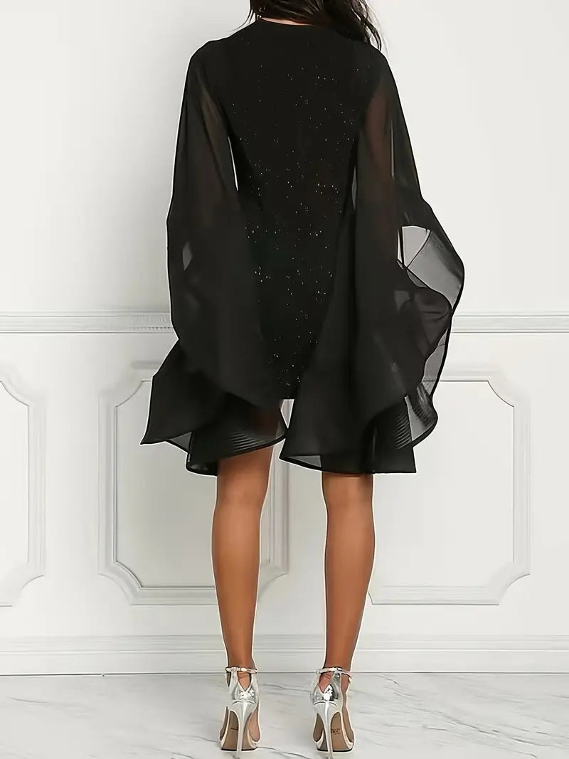 Glitter Cocktail Mini Jurk Met Mesh Vleermuismouwen En Ronde Hals
