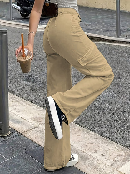 Trendy Hoge Taille Cargo Broek Voor Dames Met Wijde Pijpen En Zakken