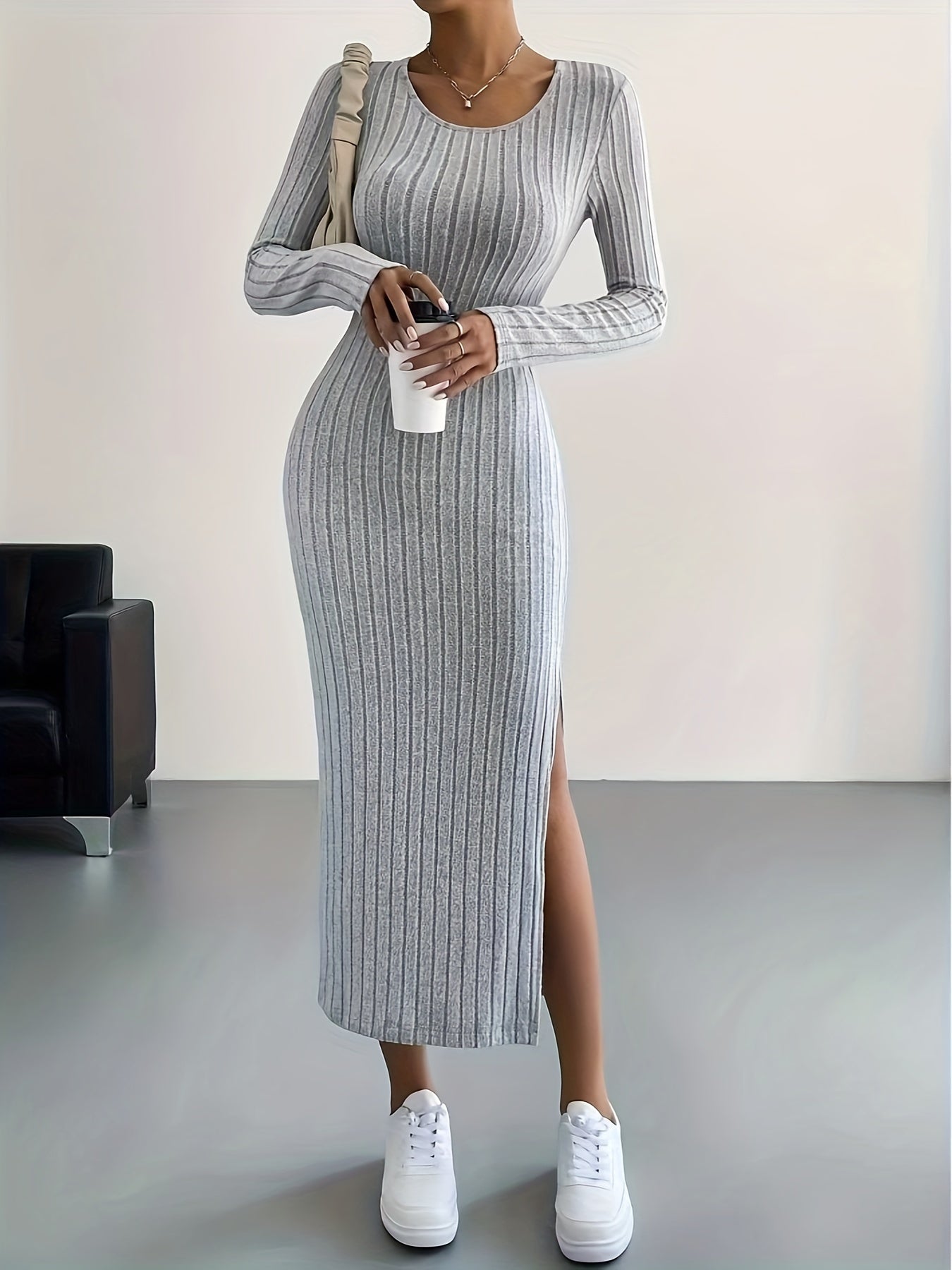 Elegante Warme Geribde Midi Sweaterjurk Voor Dames Met Split