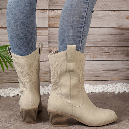 Dames Beige Elegante Cowboylaarzen Met Lage Hak