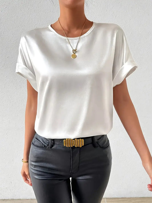 Katerina - Satijn afwerking T-shirt met opgerolde mouwen voor dames