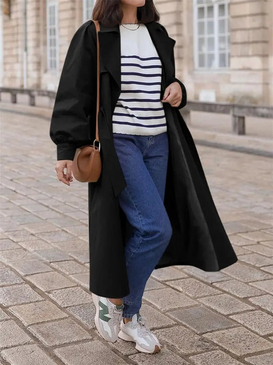 Elegante Waterdichte Dames Maxi Trenchcoat Met Ceintuur