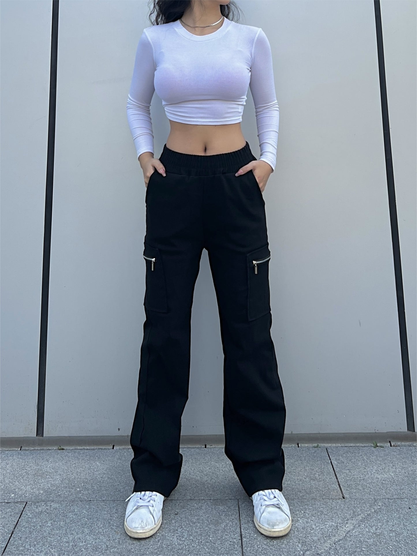 Stoere Zwarte High Waist Cargo Broek Voor Vrouwen Rechte Pijpen