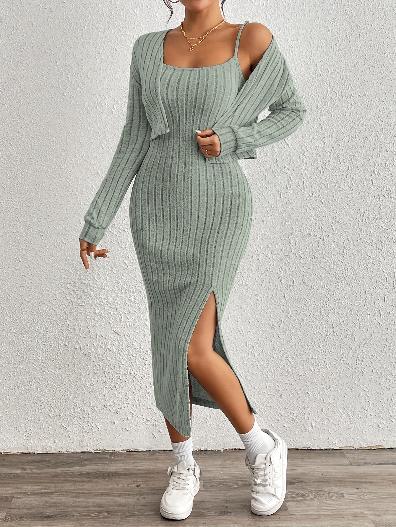 Stijlvolle Geribde Midi jurk Set Voor Dames Met Bolero Vest En Split