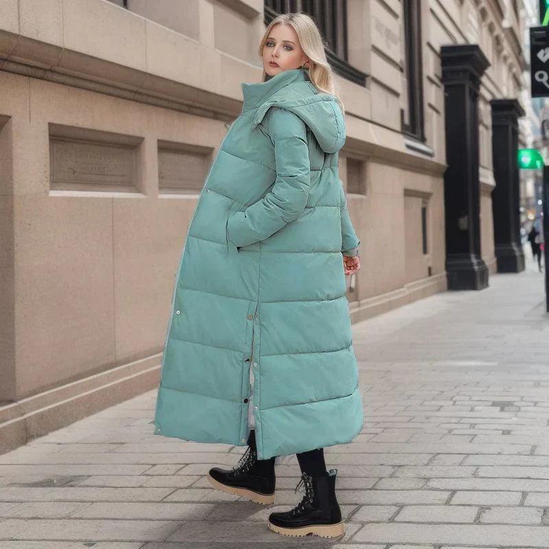Lange Pufferjas met Zijsplit & Capuchon – Dames Winterjas