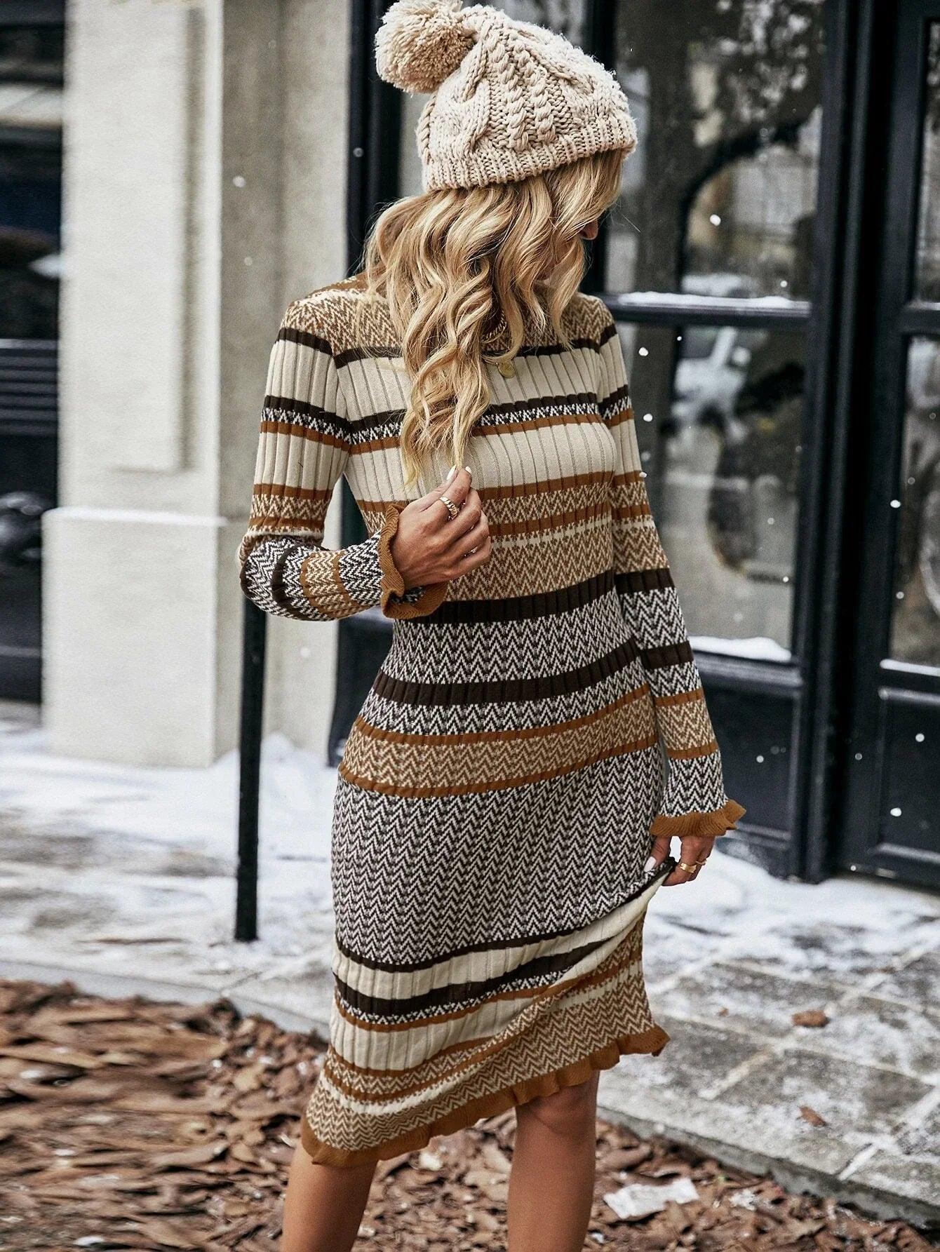 Elegante Gebreide Midi Jurk voor Vrouwen Winterse Trui Jurk