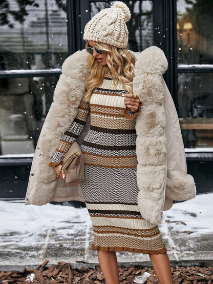 Elegante Gebreide Midi Jurk voor Vrouwen Winterse Trui Jurk