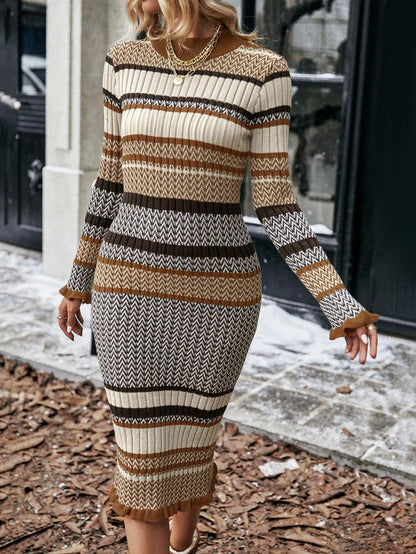 Elegante Gebreide Midi Jurk voor Vrouwen Winterse Trui Jurk