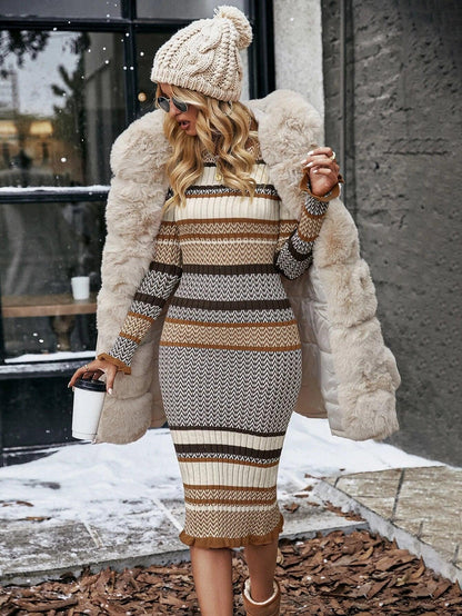 Elegante Gebreide Midi Jurk voor Vrouwen Winterse Trui Jurk