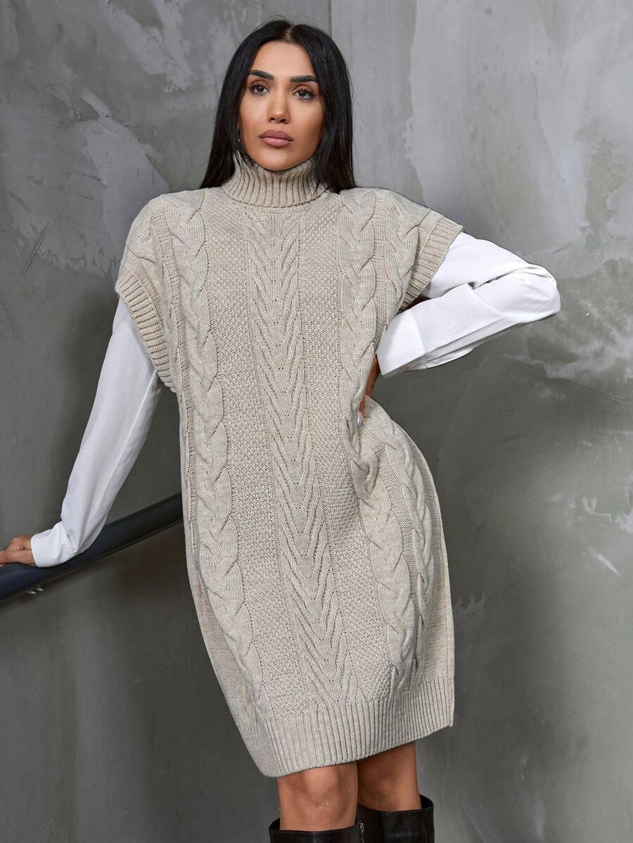 Elegante Gebreide Mini Sweaterjurk Voor Dames Met Col En Kabelpatroon
