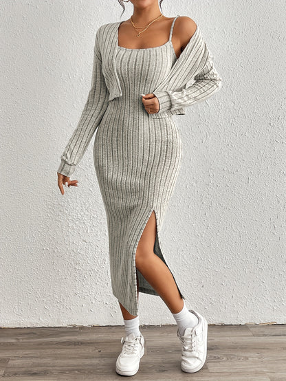 Stijlvolle Geribde Midi jurk Set Voor Dames Met Bolero Vest En Split