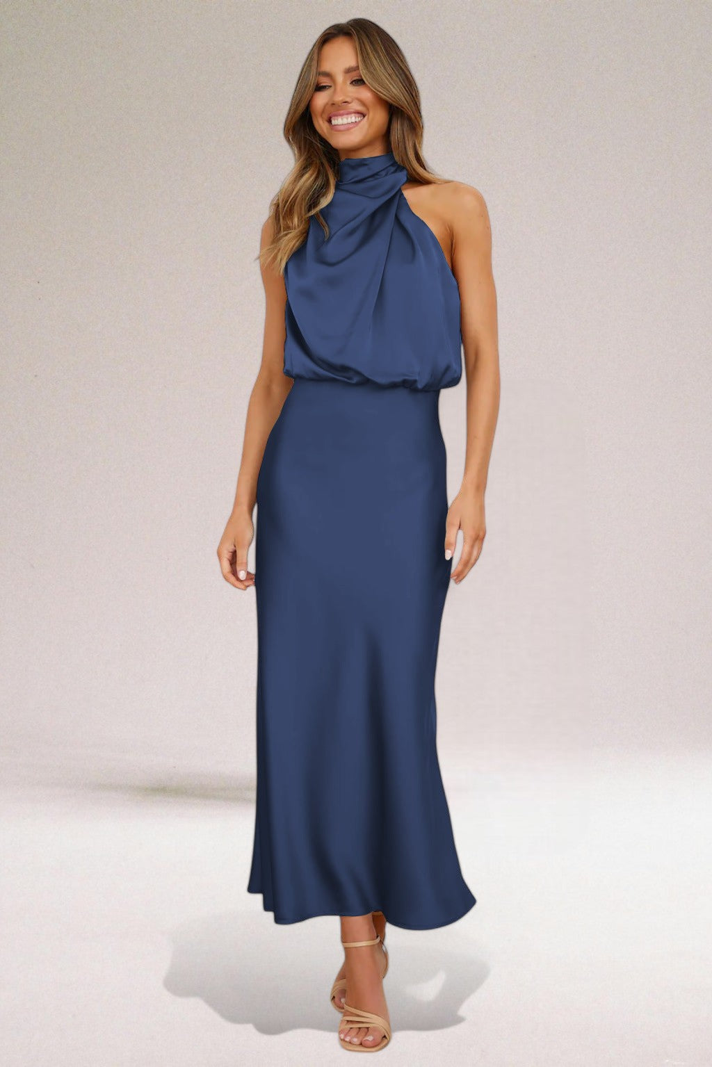 Wilomena - Elegante Satijnen Halter Maxi Jurk voor Vrouwen