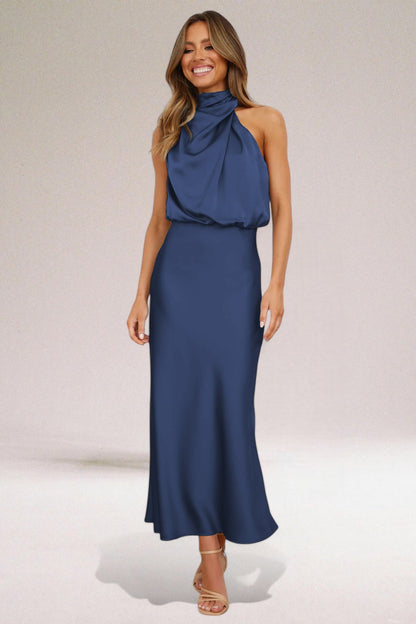 Wilomena - Elegante Satijnen Halter Maxi Jurk voor Vrouwen