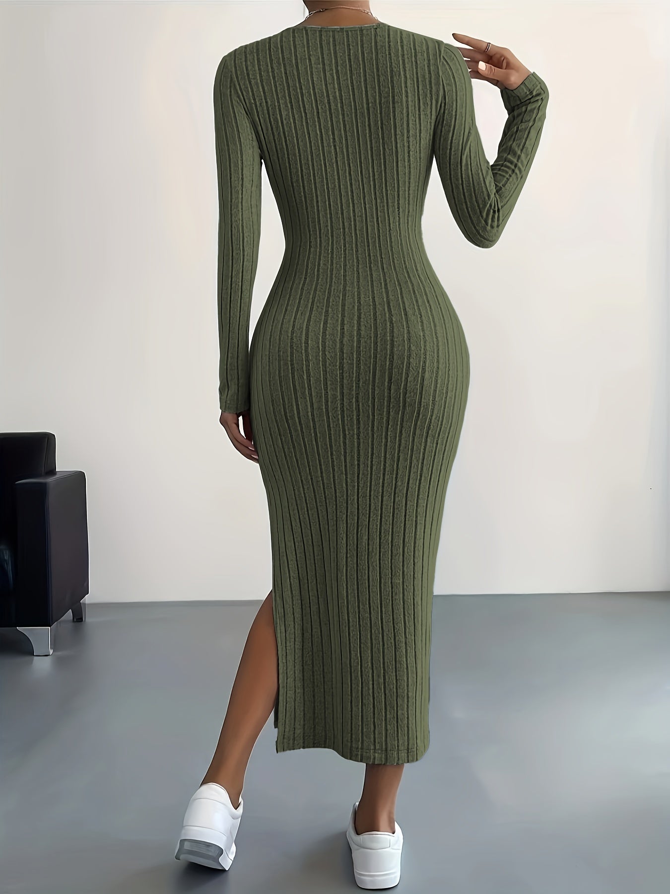 Elegante Warme Geribde Midi Sweaterjurk Voor Dames Met Split