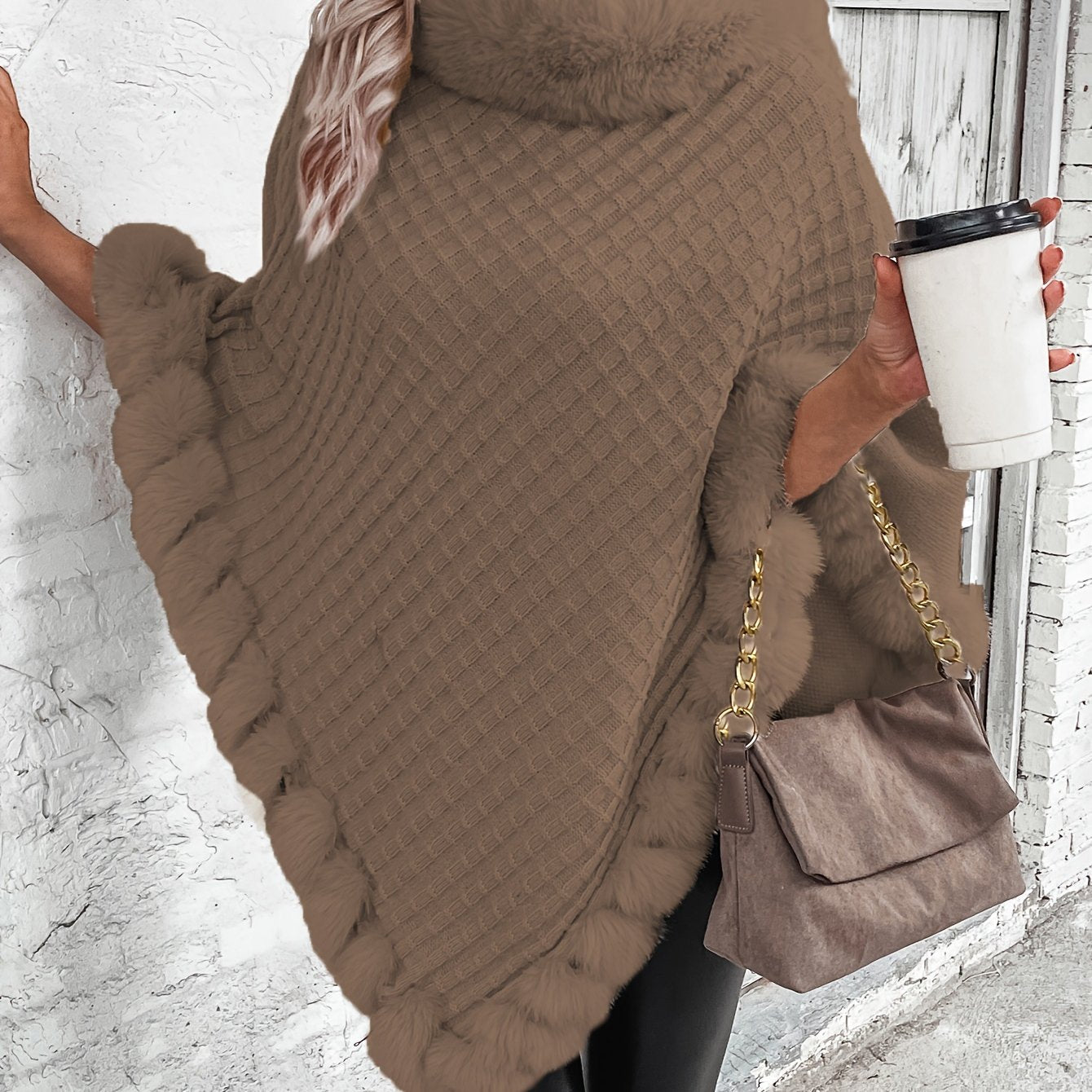 Warme Stijlvolle Poncho Trui Voor Dames Me Bontlook Col