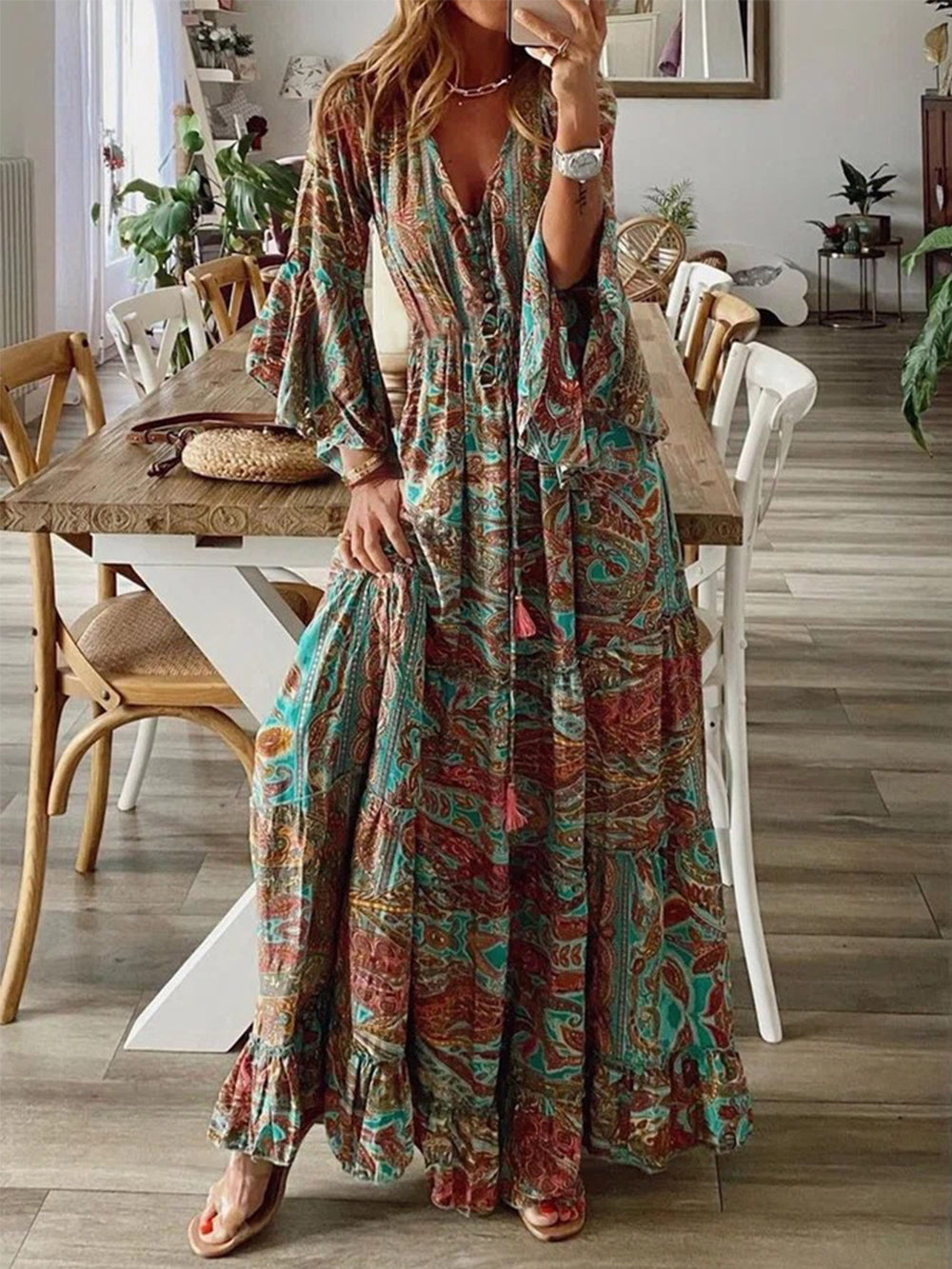 Larisa - Maxi jurk met klokmouwen en print voor dames