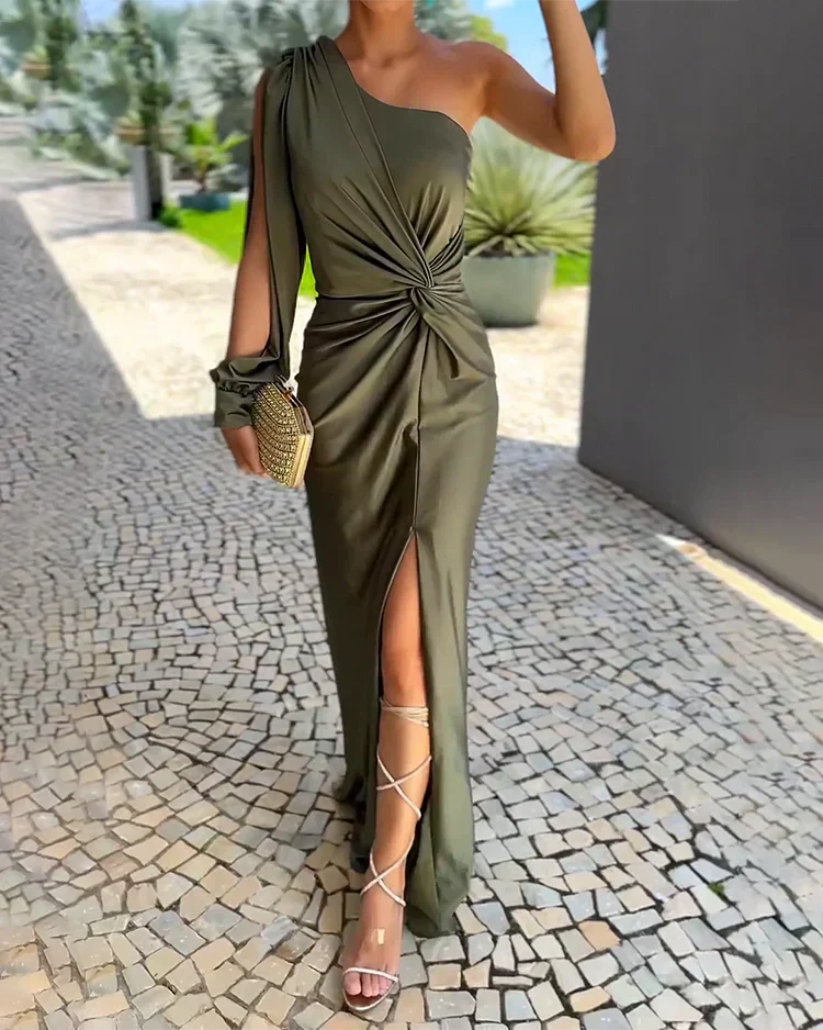 Sonja - One-shoulder Maxi-jurk met Gerimpelde Voorkant en Split voor Dames