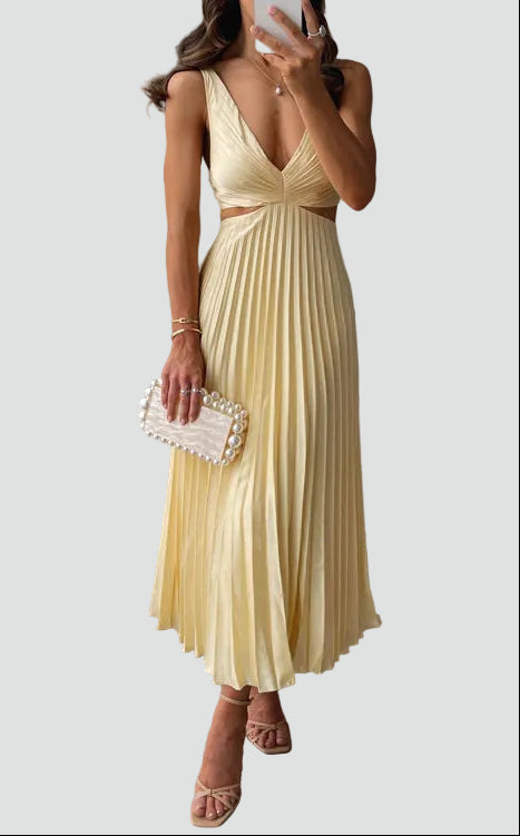 Elegante Dames Midi Gala Jurk Met Plissé Rok En Taille-Uitsnijding