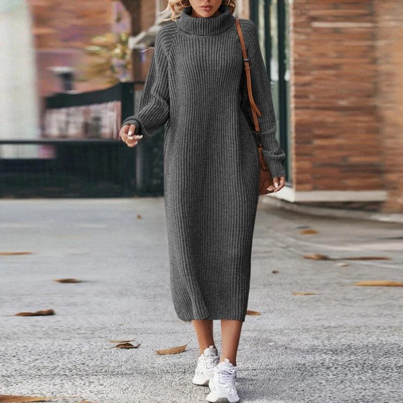 Warme Dames Gebreide Zachte Maxi Sweater Jurk met Col