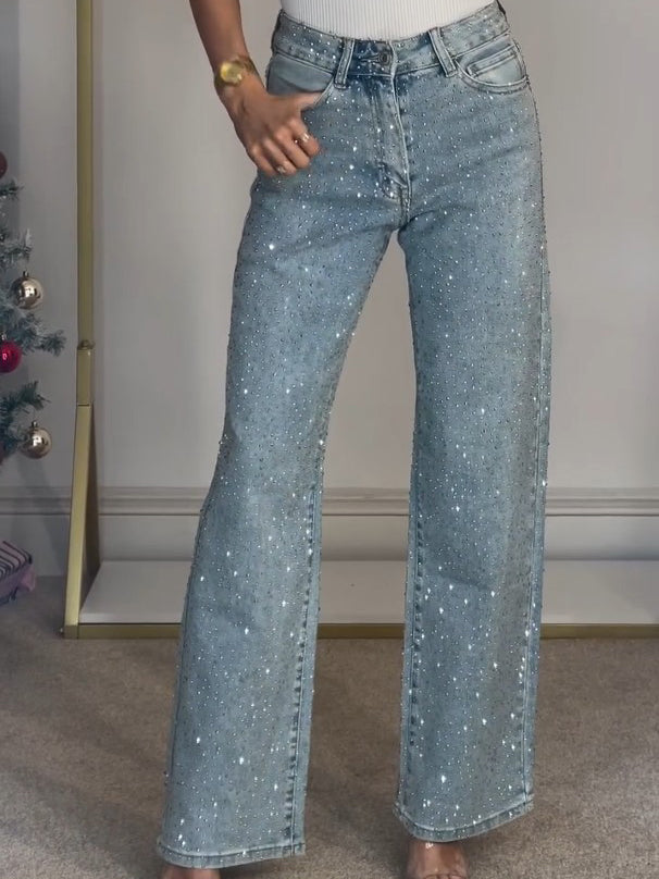 High Waist Wide Leg Jeans Met Strass Voor Vrouwen