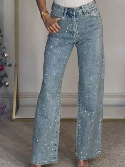 High Waist Wide Leg Jeans Met Strass Voor Vrouwen