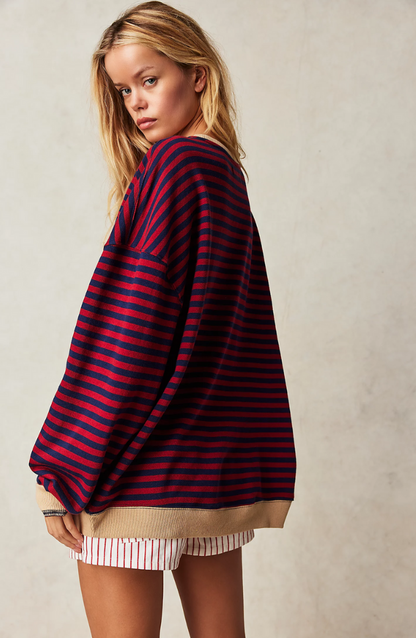 Gestreepte Oversized Sweater Voor Vrouwen Met Ronde Hals
