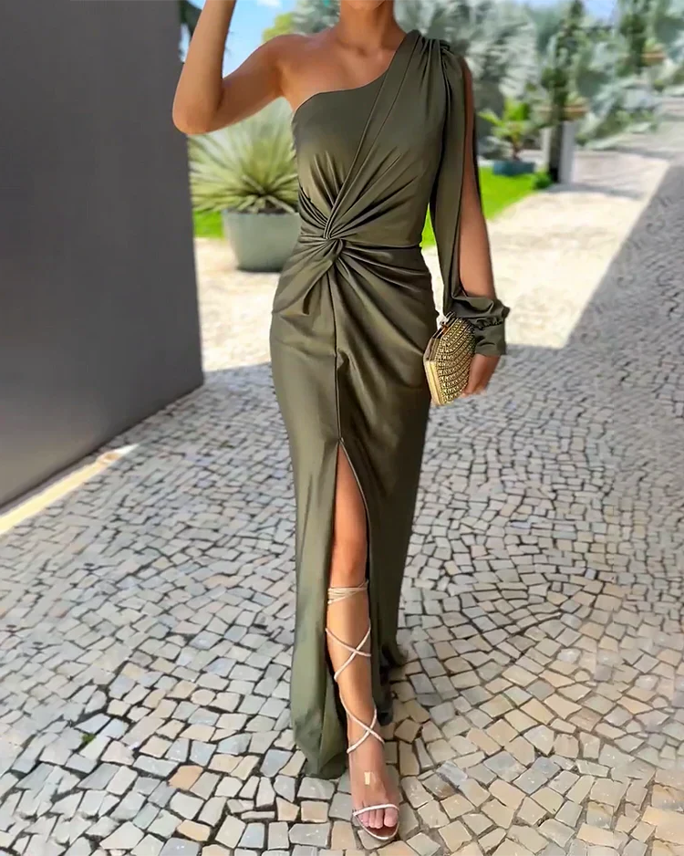 Sonja - One-shoulder Maxi-jurk met Gerimpelde Voorkant en Split voor Dames
