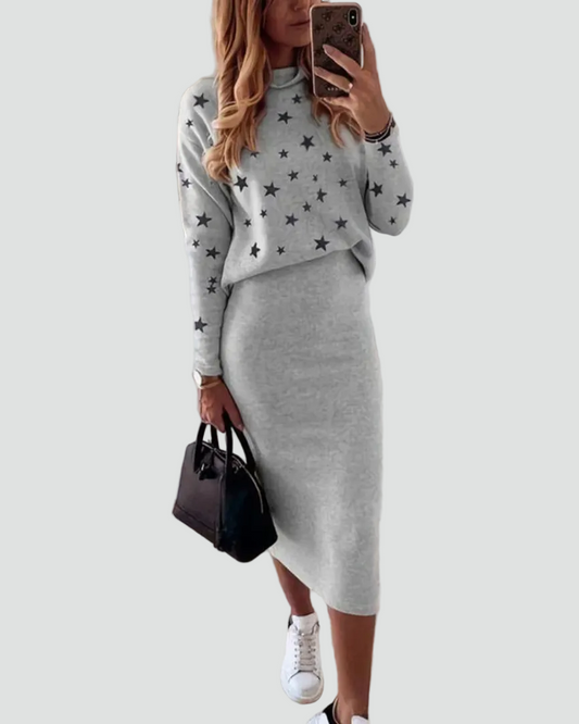 Zachte Casual Rok en Trui Set Met Sterrenprint voor Vrouwen