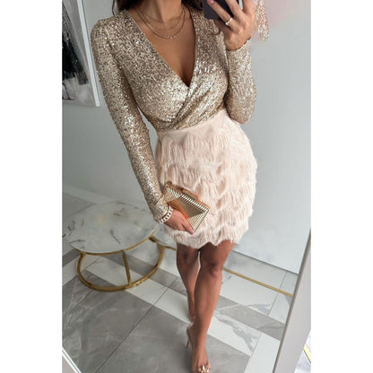 Elegant Glitter Vrouwen Lange Mouwen Franjes Mini Feestjurk