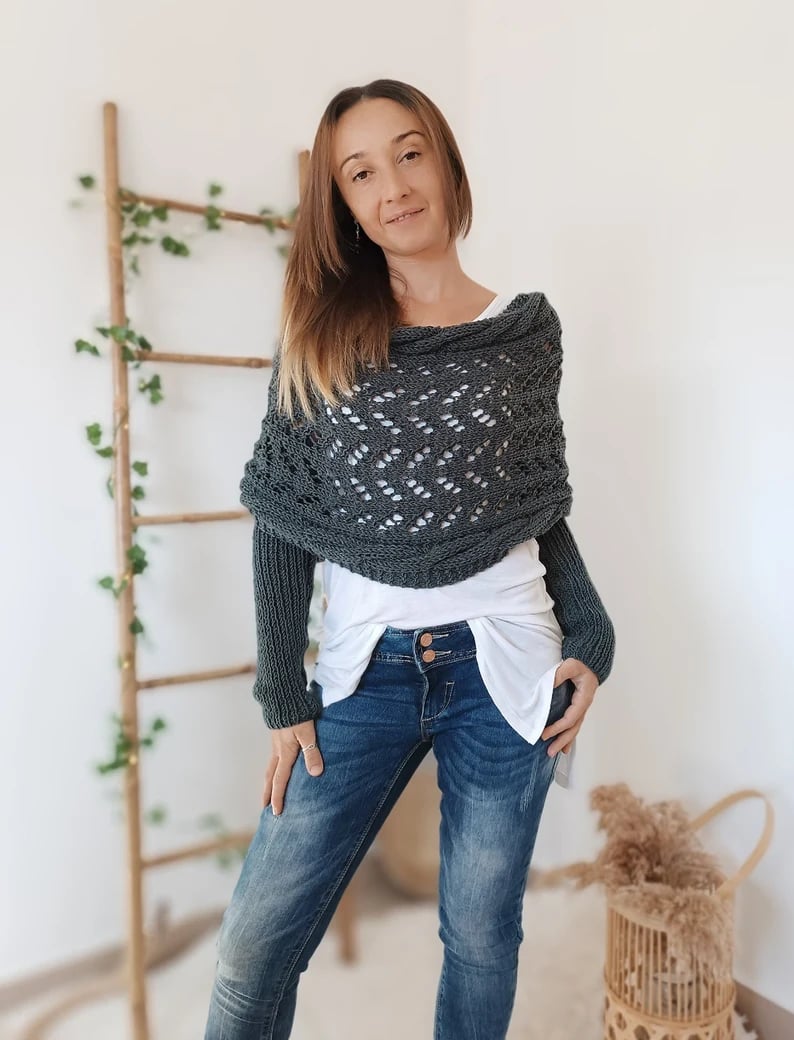 Comfortabele Gebreide Cape Sjaal Met Mouwen Voor Dames