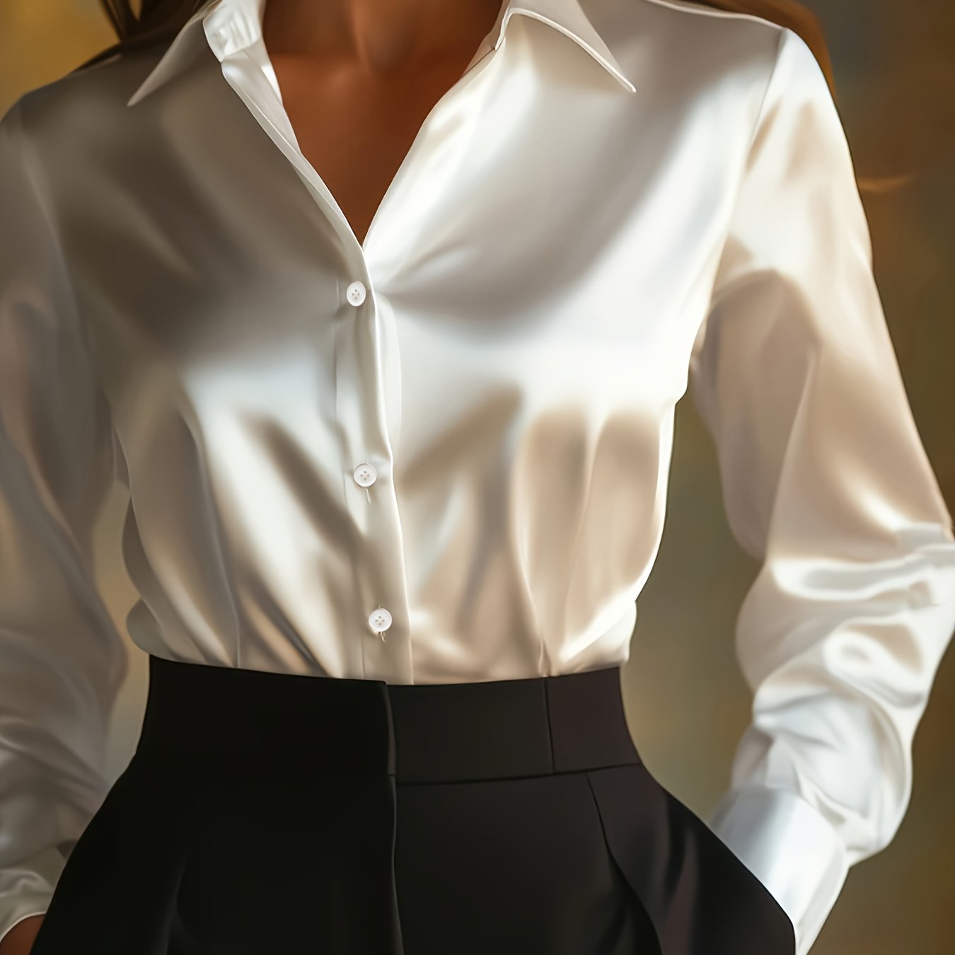 Luxe Satijnen Dames Blouse Met Knoopsluiting En Lange Mouwen