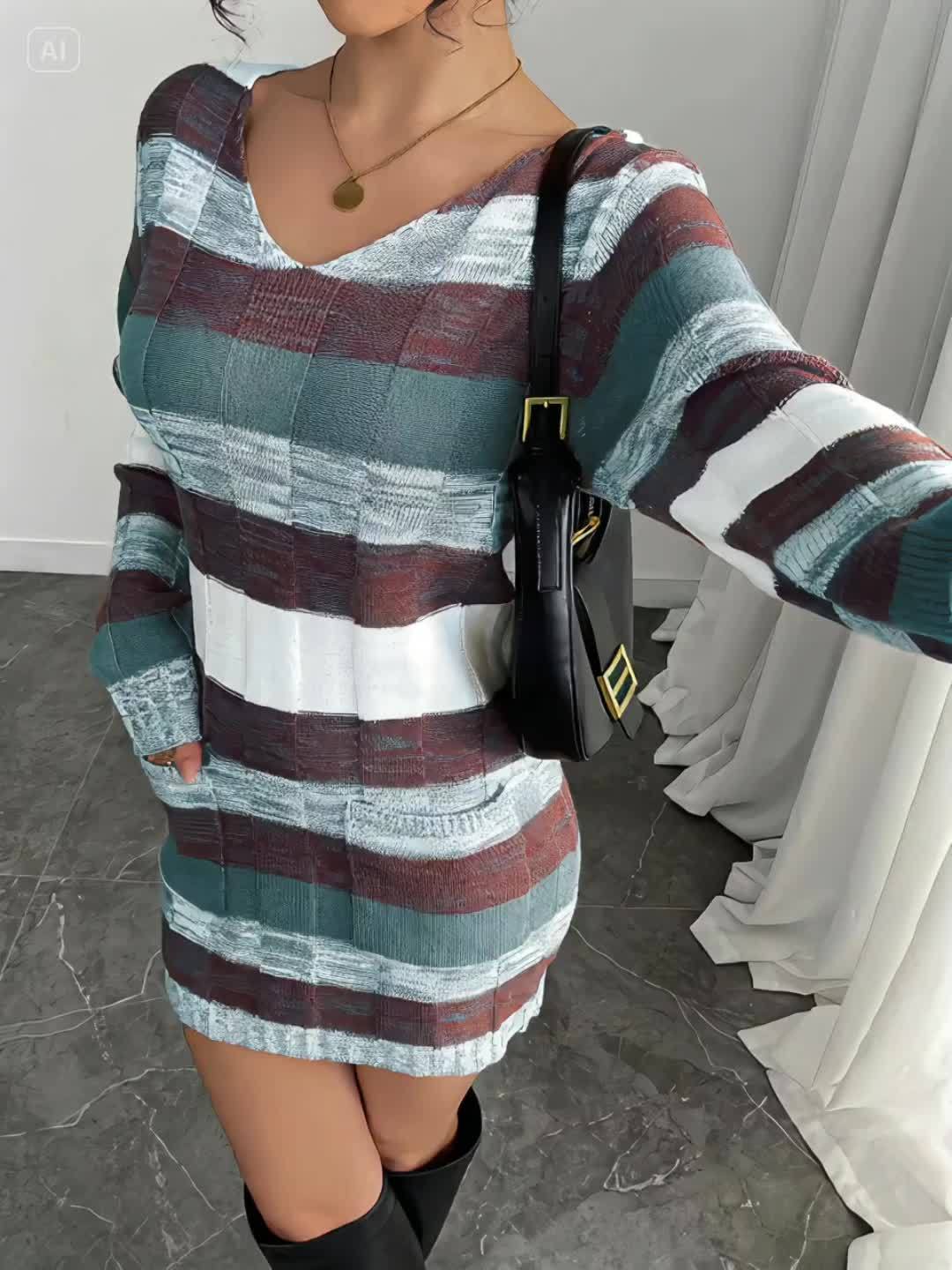 Geruite Gebreide Mini Sweaterjurk Voor Dames Met Zakken