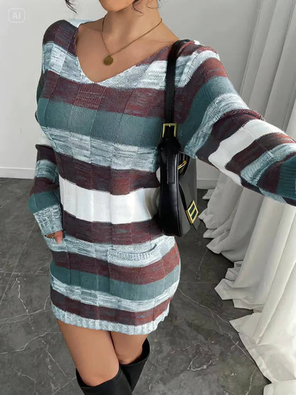 Geruite Gebreide Mini Sweaterjurk Voor Dames Met Zakken