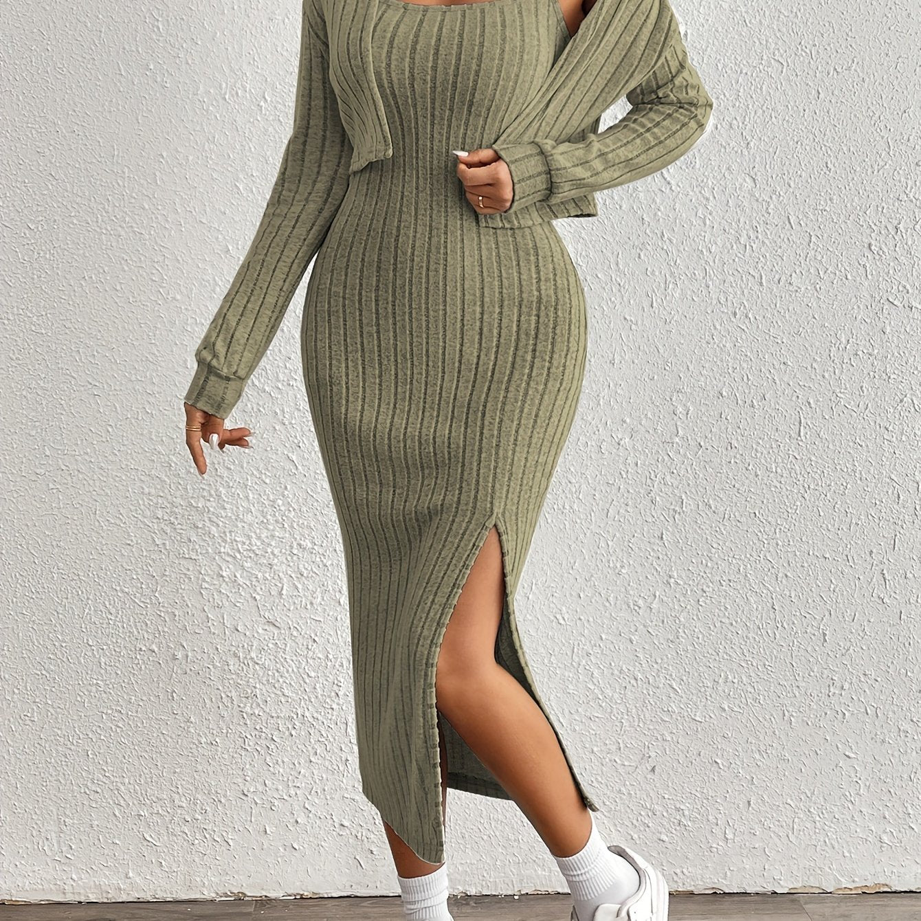 Stijlvolle Geribde Midi jurk Set Voor Dames Met Bolero Vest En Split