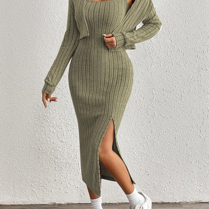 Stijlvolle Geribde Midi jurk Set Voor Dames Met Bolero Vest En Split