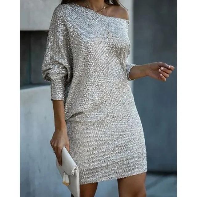 Sophia – Glitter Mini Jurk met Off-Shoulder Design