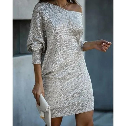 Sophia – Glitter Mini Jurk met Off-Shoulder Design