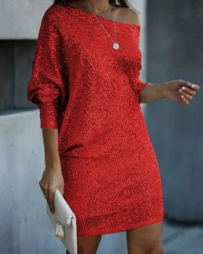 Sophia – Glitter Mini Jurk met Off-Shoulder Design